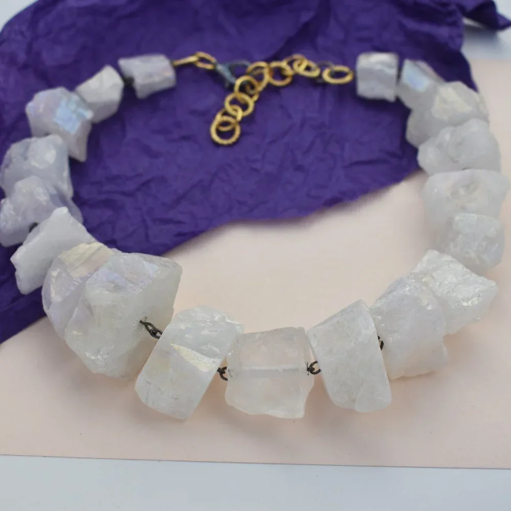 Super chunky raw gemstone necklace, accent angel aura quartz crystal collar